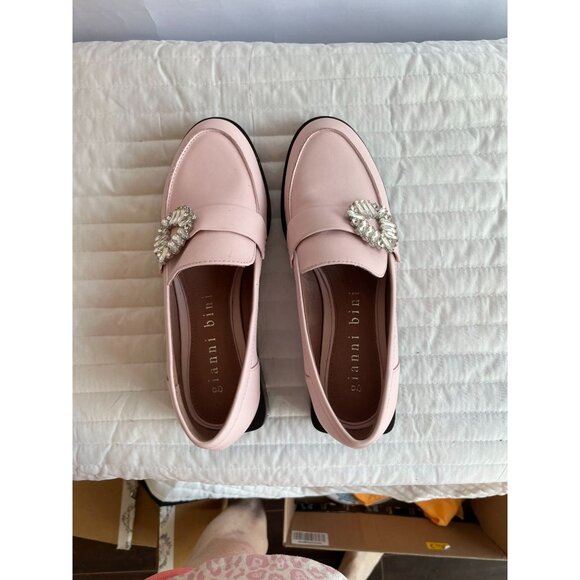 Gianni Bini Pink Leather Loafers 7.5M With Rhinestone Buckle 7.5M Square Heel - Picture 1 of 4